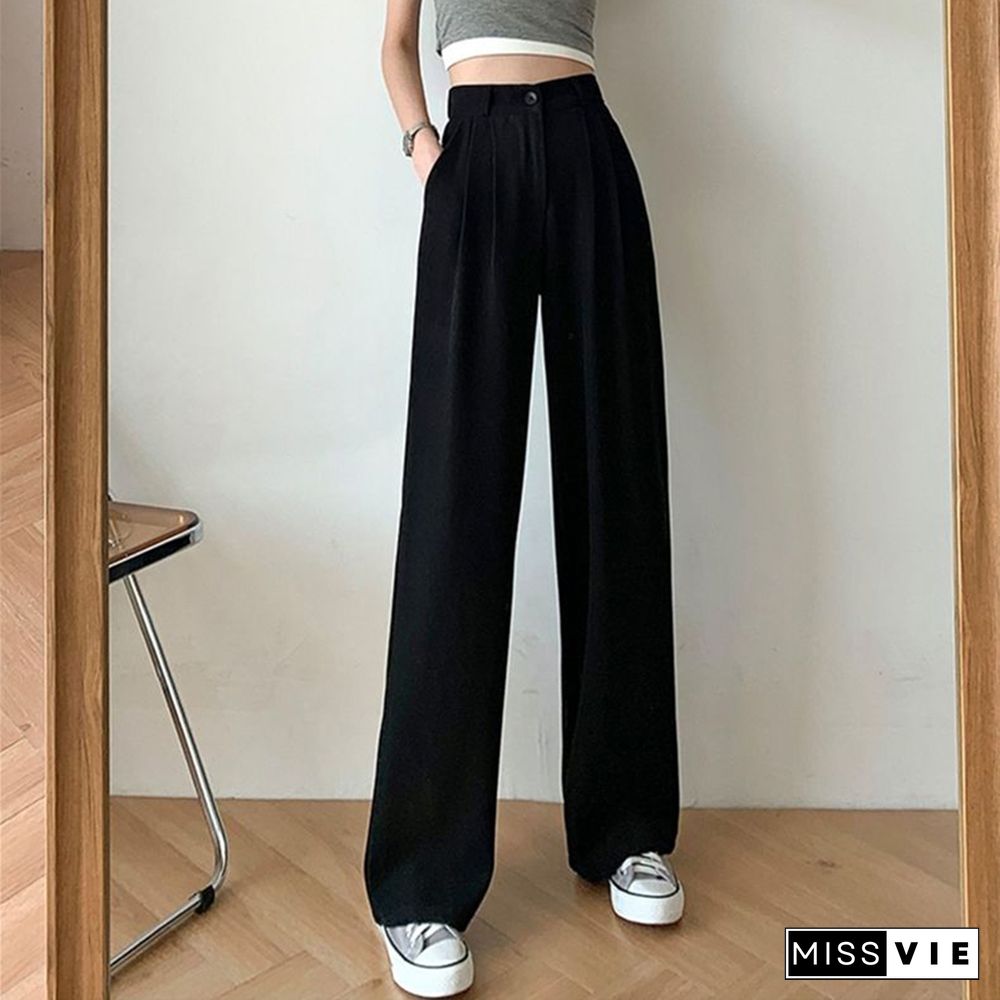 Fashion Thin Women Wide Leg Pants Summer High Waist Elastic Office Lady Loose Trousers Vintage Korean Solid Straight Pants New