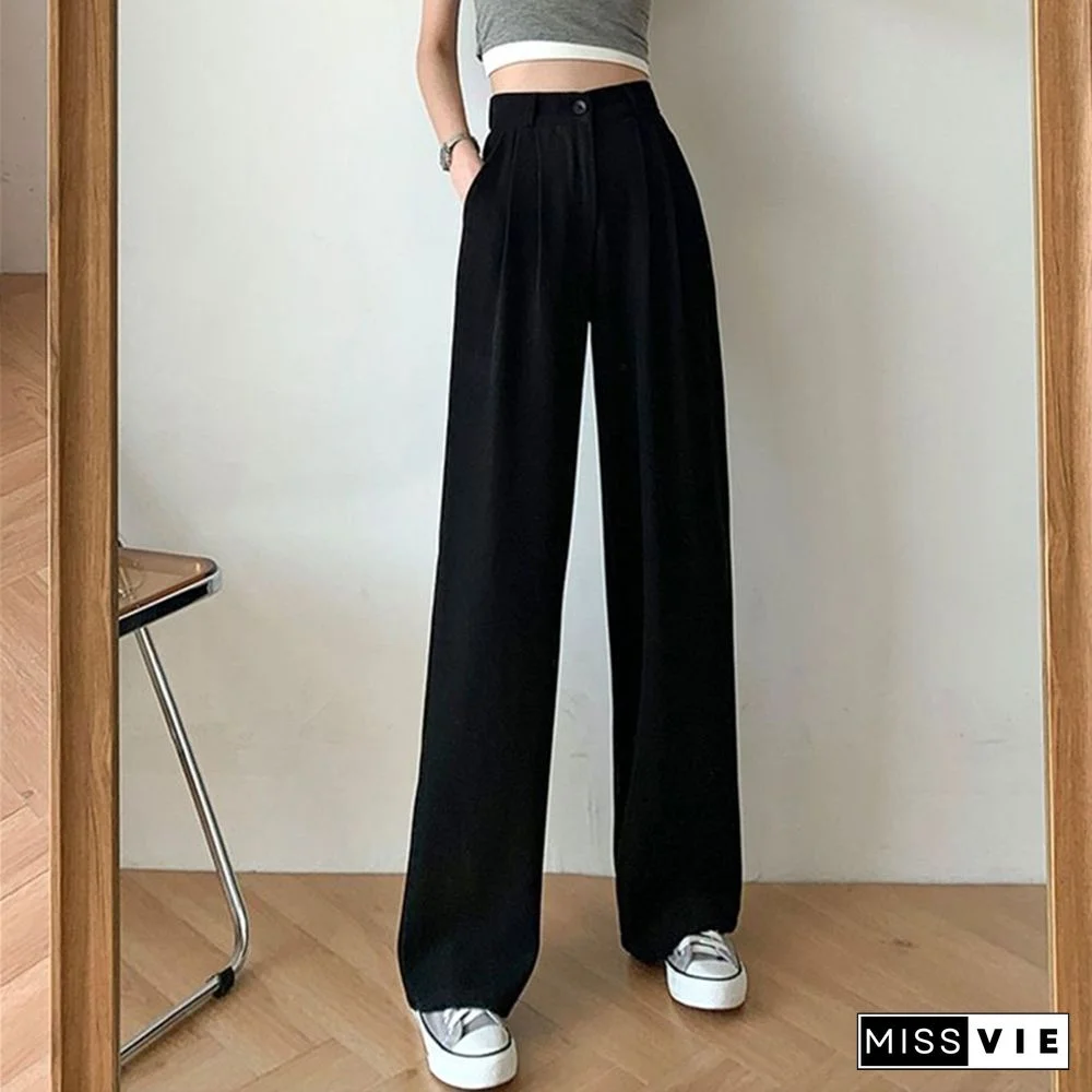 Fashion Thin Women Wide Leg Pants Summer High Waist Elastic Office Lady Loose Trousers Vintage Korean Solid Straight Pants New