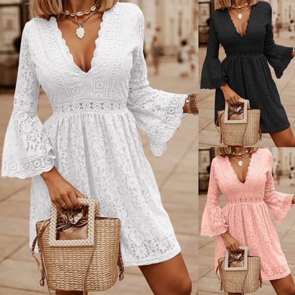 Womens Crochet Lace Mini Dress Flare Long Sleeve V Neck Evening Party Elegant Casual Pleated Short Dress Plus Size - Life is Beautiful for You - SheChoic