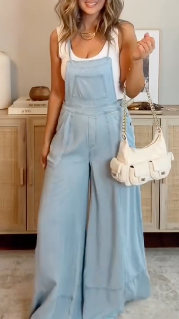 Light Blue  Wide-Leg Overalls  idetrend