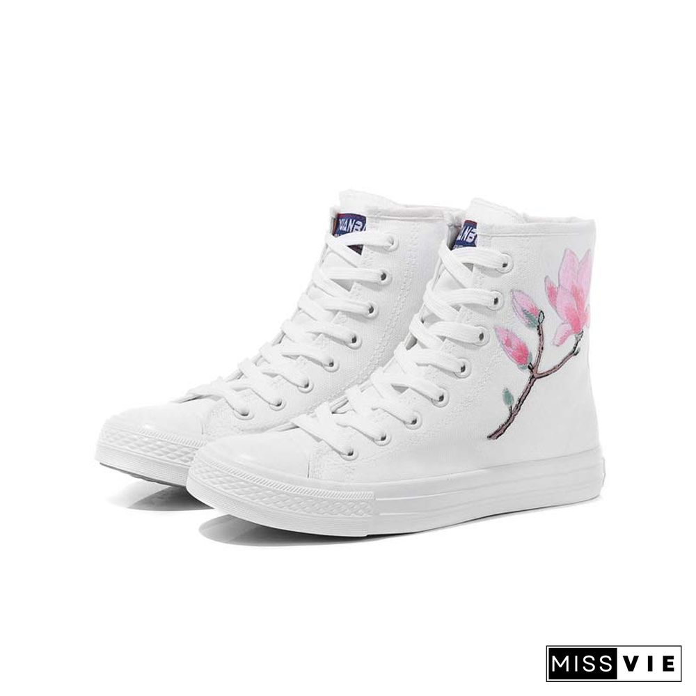 Vintage Blossom Embroidery Lace Up Zipper Canvas Shoes