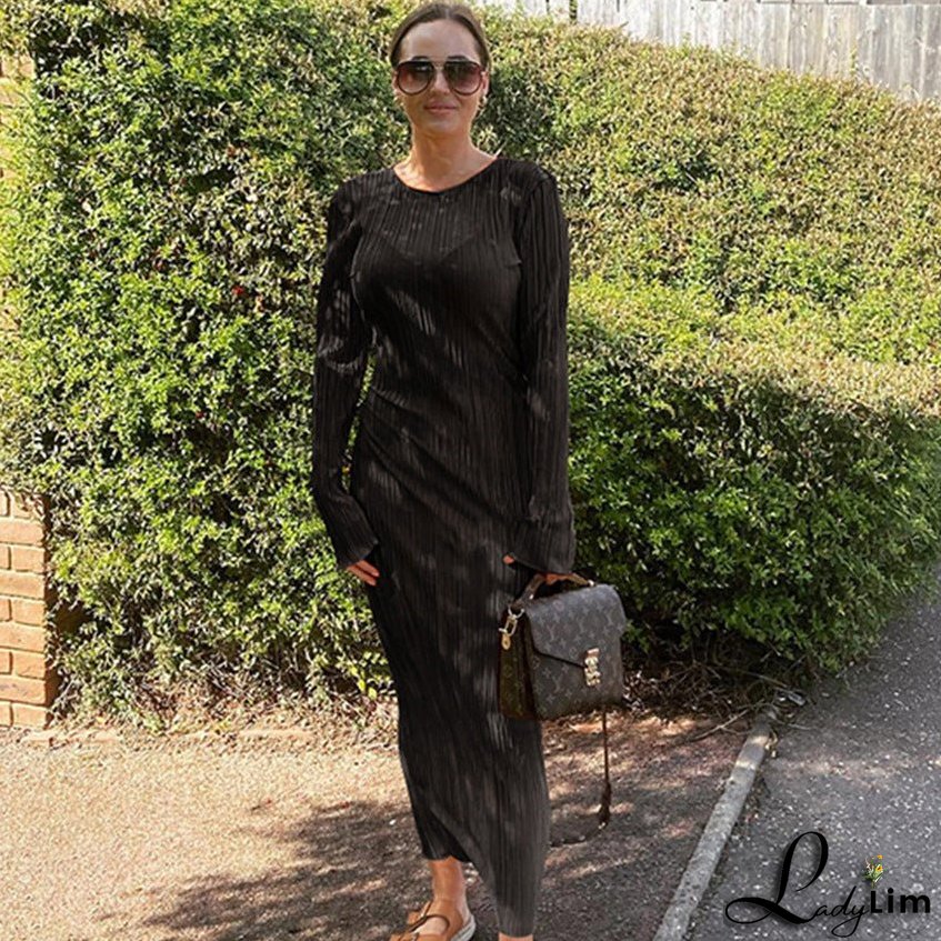 Autumn Office Pleated Slim High Waist Stretch Long Sleeve Pencil Maxi Dress Women