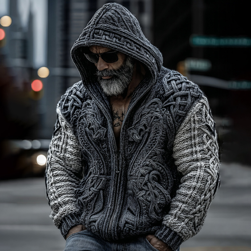 Men's Viking Dragon Totem Chunky Knit Hooded Cardigan  artssus