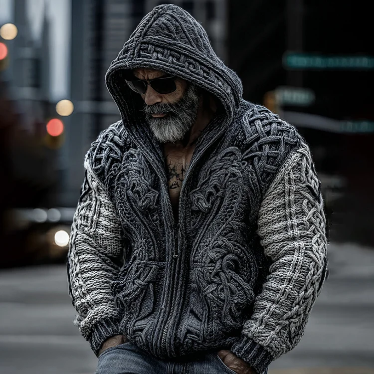 Men's Viking Dragon Totem Chunky Knit Hooded Cardigan