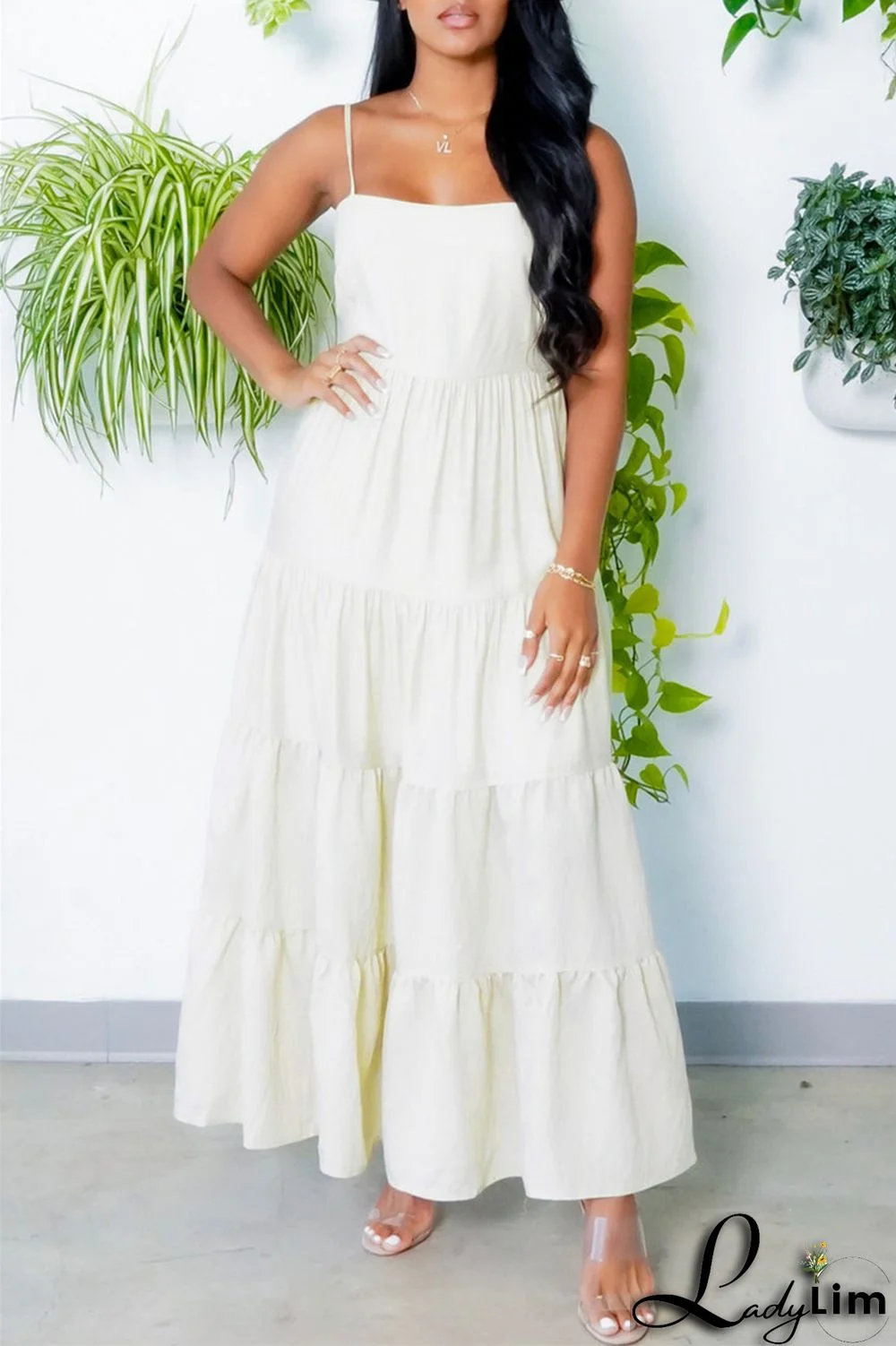 Yellow Fashion Casual Solid Backless Spaghetti Strap Long Dress