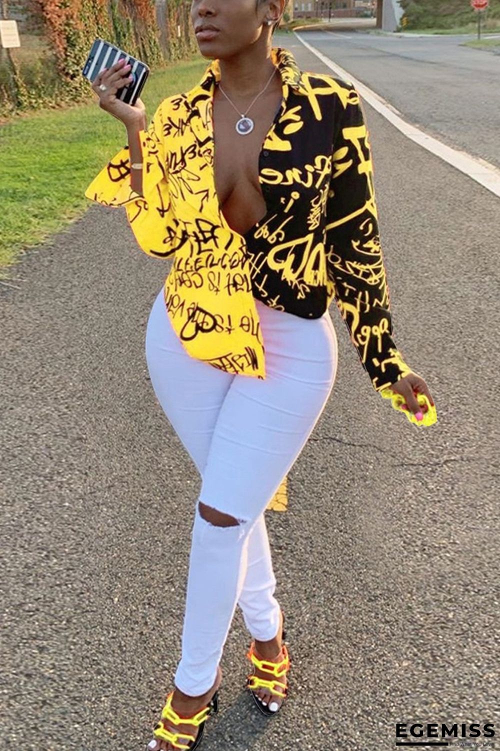 Yellow Sexy Graffiti Print Long Sleeve V-Neck Shirt | EGEMISS