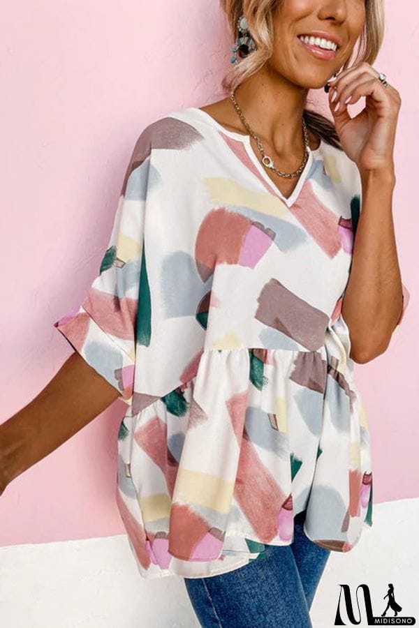MidiSono - Print Cuffed Sleeves Peplum Blouse