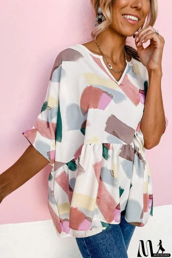 MidiSono - Print Cuffed Sleeves Peplum Blouse