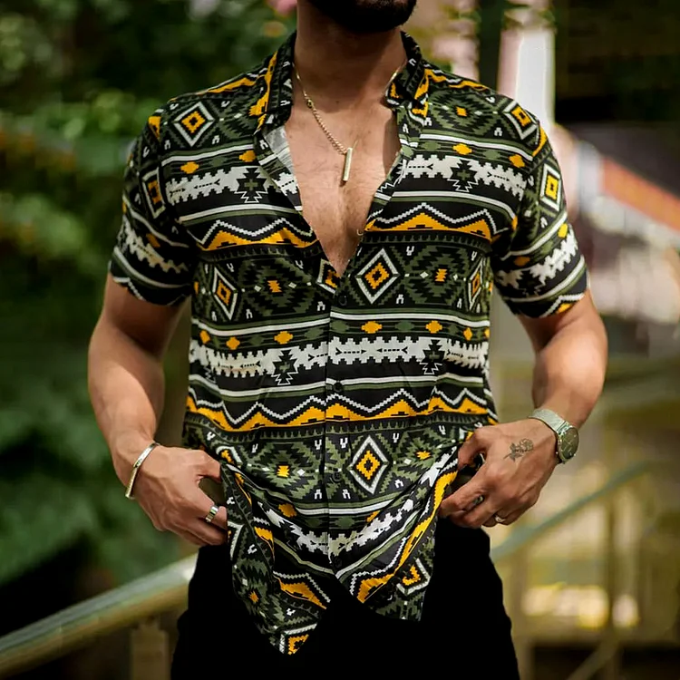 BrosWear Men'S Bohemian Print Short Sleeve Shirt