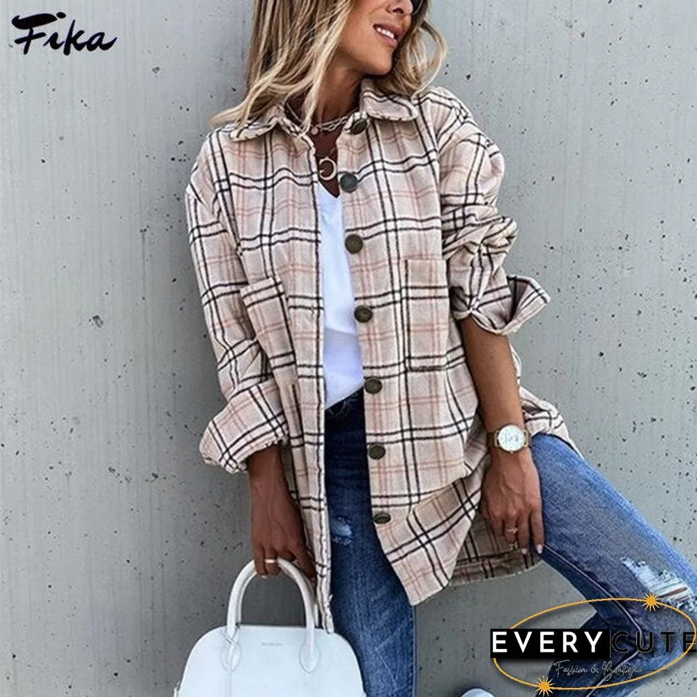 Oversize Women'S Plaid Shirt Jackets Long Sleeve Ladies Tops Outwear Spring Autumn Loose Women Blends Check Buttons Coats