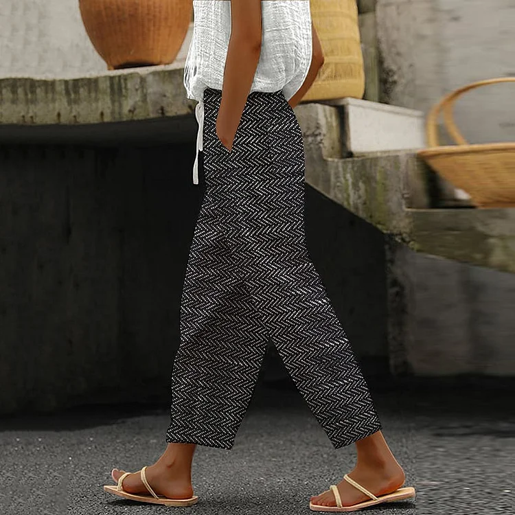 Comstylish Herringbone Print Loose Casual Pants