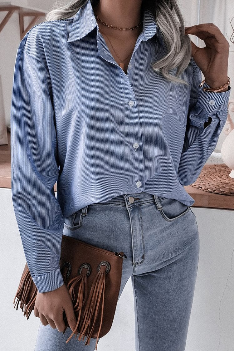 Casual Striped Solid Turndown Collar Blouses - Life is Beautiful for You - SheChoic