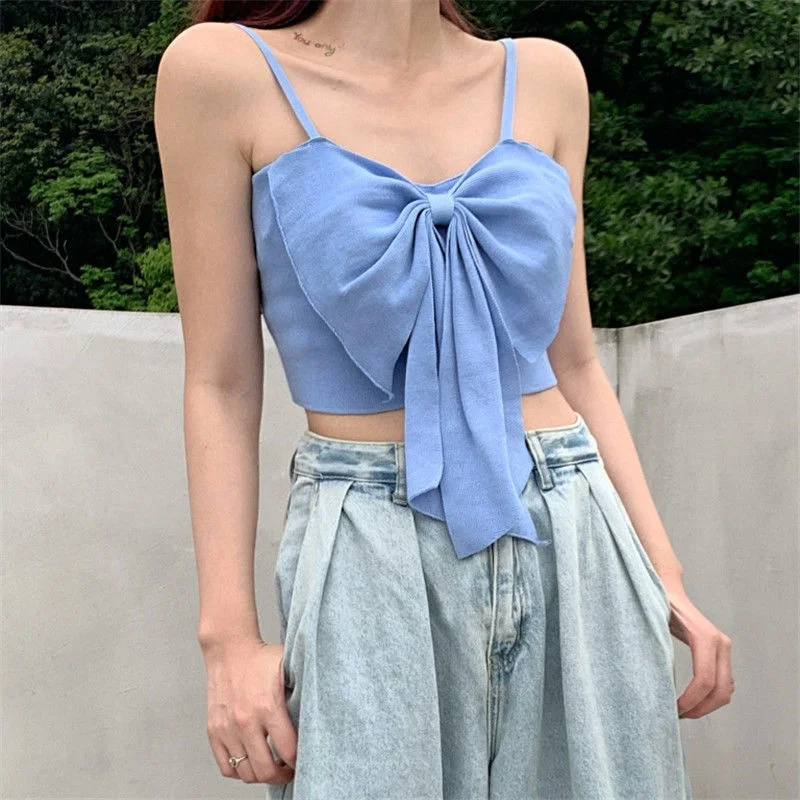 Crop Tops Womens Lovely Chic Top Women Bow Solid Camis Cute Kwaii Newest Summer Sexy Slim Sleeveless Camisole Fashionable Sweet