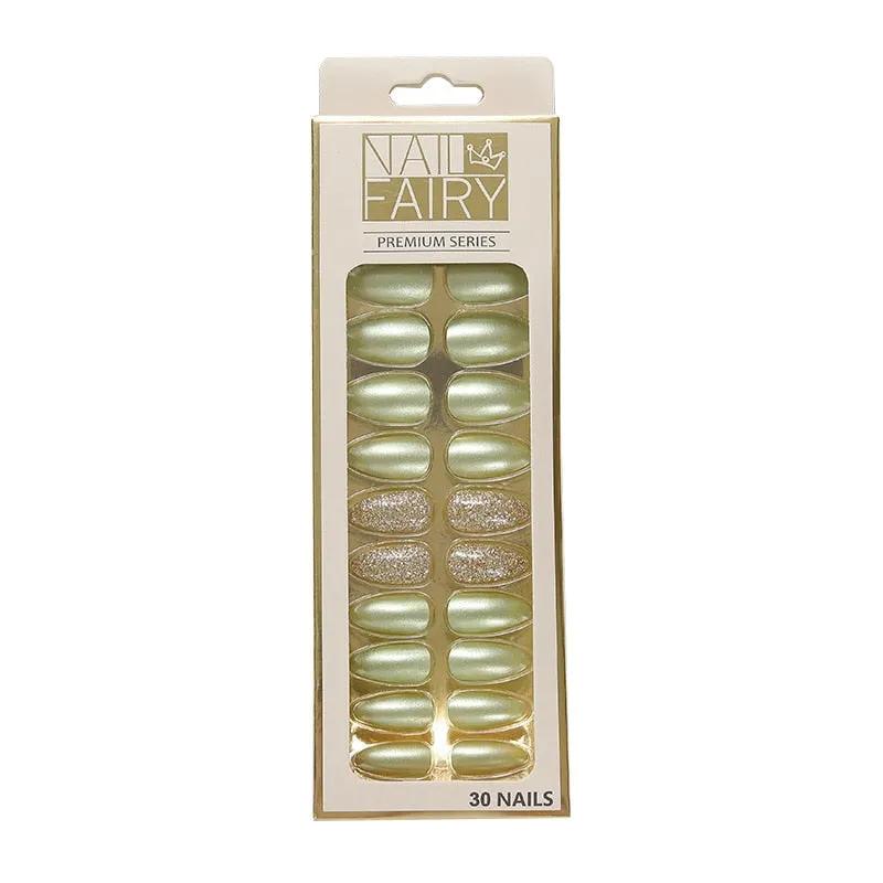 Fake Nails with Glue Metal Color False Nail Art Tips Press on Coffin Stick Designs Clear Set Full Cover Artificial Short Kiss-Nail Inspo