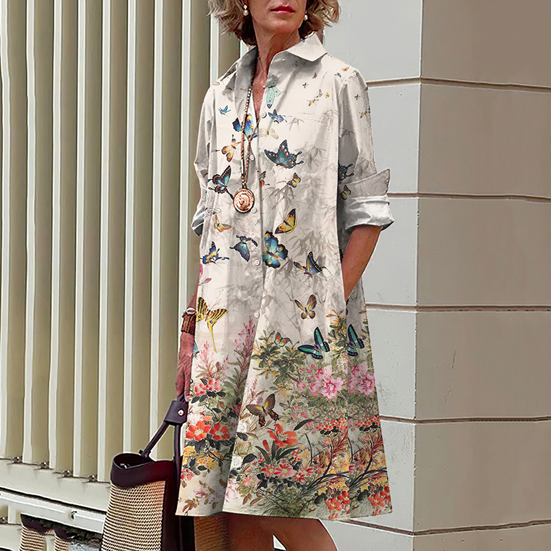 Vintage Floral Butterfly Print  Shirt Midi Dress