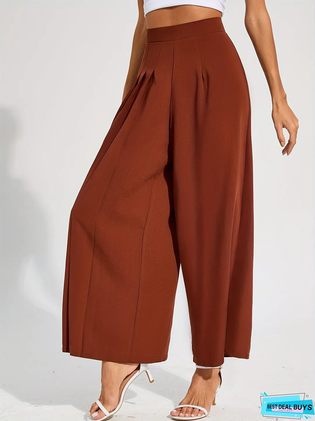 Solid Pleated Wide Leg Pants, Elegant High Waist Palazzo Pants, Women's Clothing