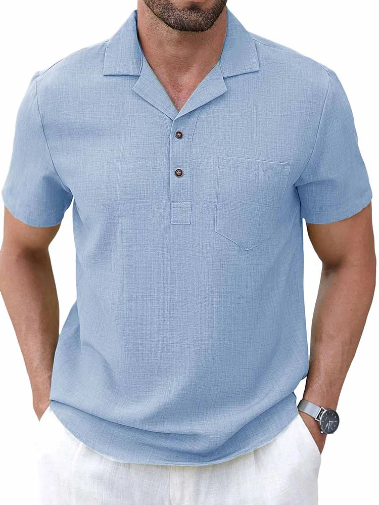 Men's Casual and Comfortable Cuban Collar Half Placket Short Sleeve Shirt