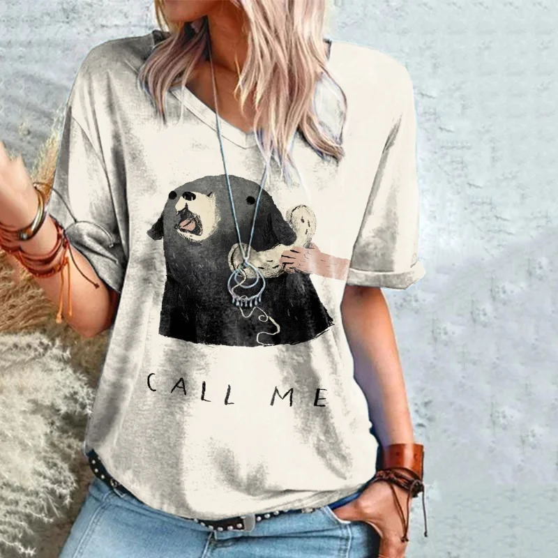 Call Me Puppy Print V-Neck T-Shirt