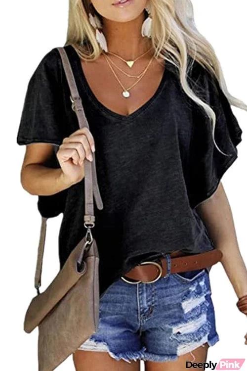 Ruffle Sleeve Loose V Neck T-Shirt