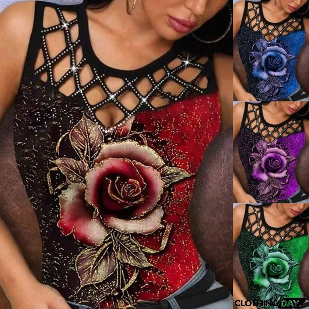 Women Summer Green O-Neck Floral Print Hollow Out Tank Tops