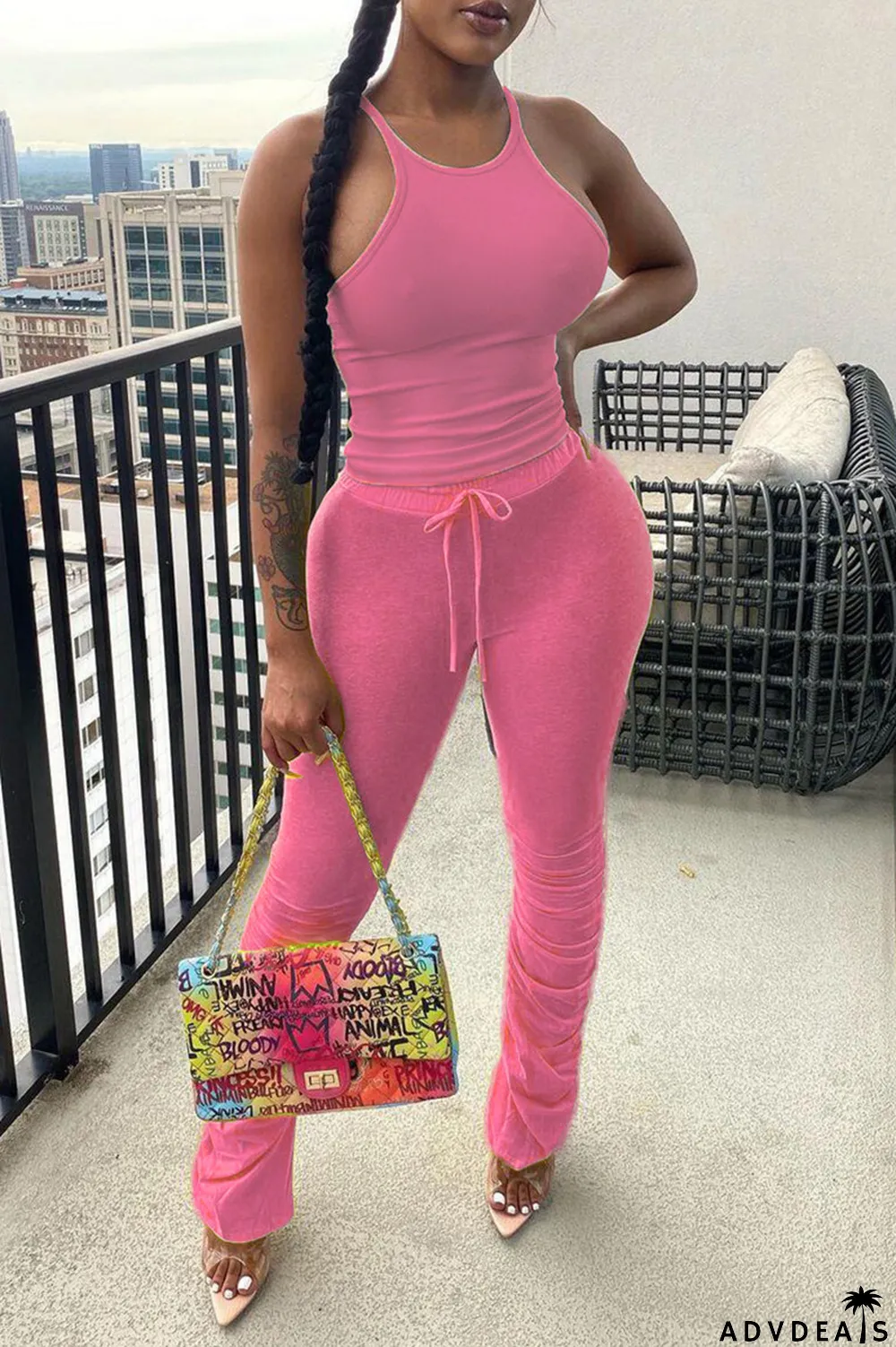 Light Purple Sexy Casual Solid Basic O Neck Sleeveless Two Pieces