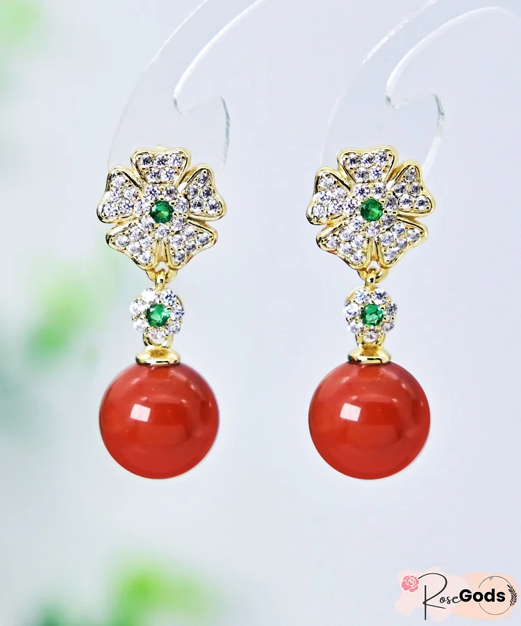 Modern Gold Sterling Silver Overgild Agate Zircon Floral Drop Earrings