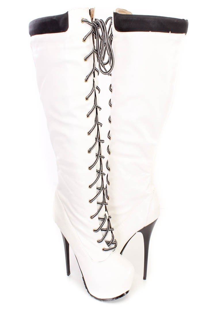 White fashion Lace Up Stiletto Heels Knee High Platform Long Boots |FSJ Shoes