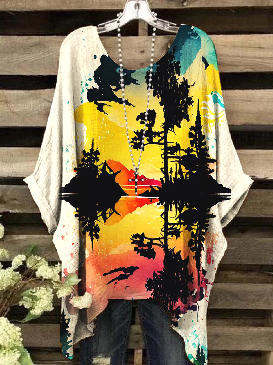 Women's Vintage Lake Reflection Pattern Crew Neck Top