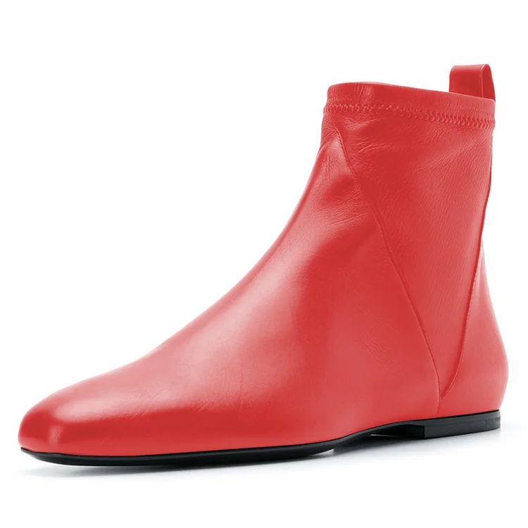 Red Flat Boots Fashion Square Toe Slip-on Booties for Women |FSJ Shoes