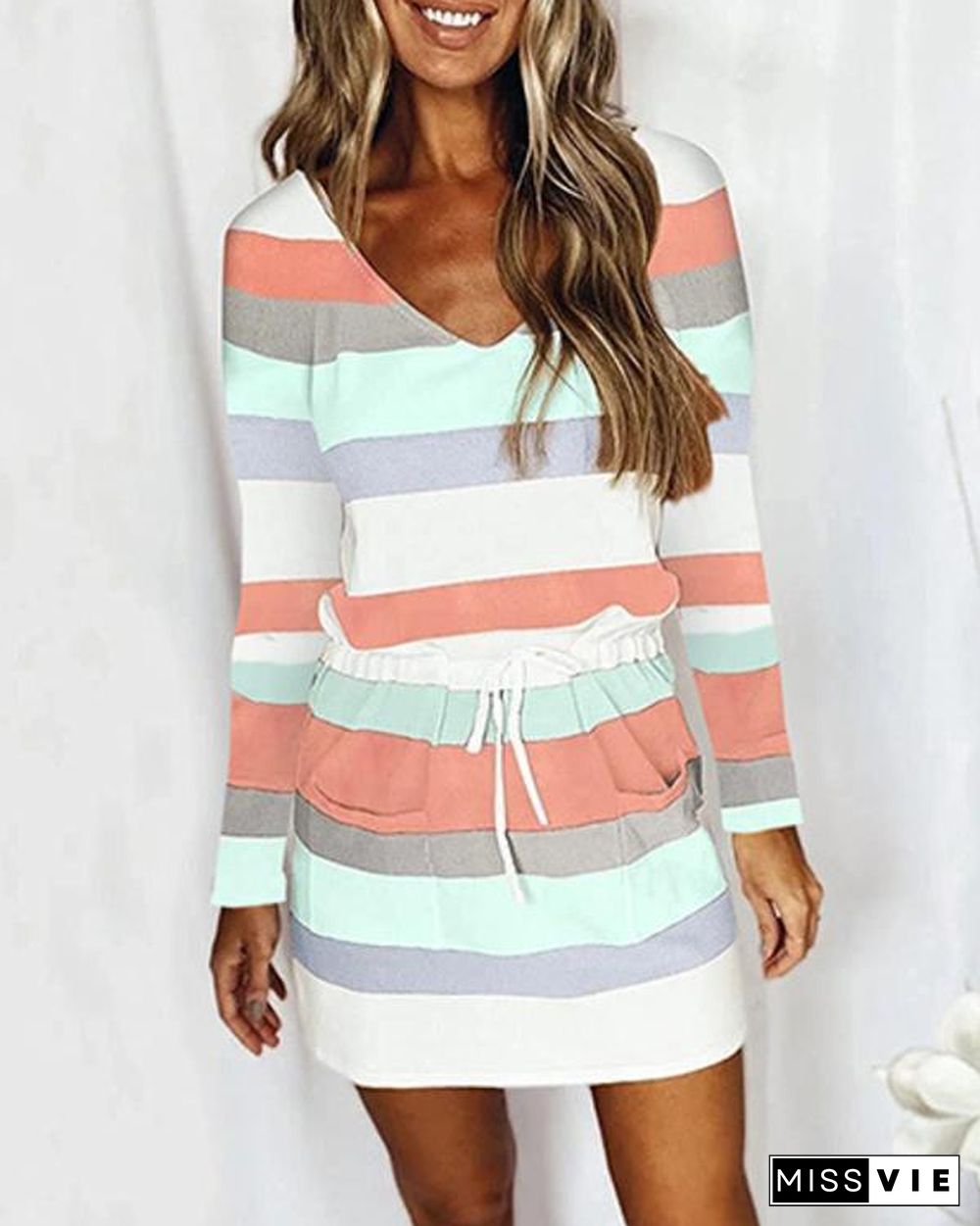V Neck Drawstring Striped Dress