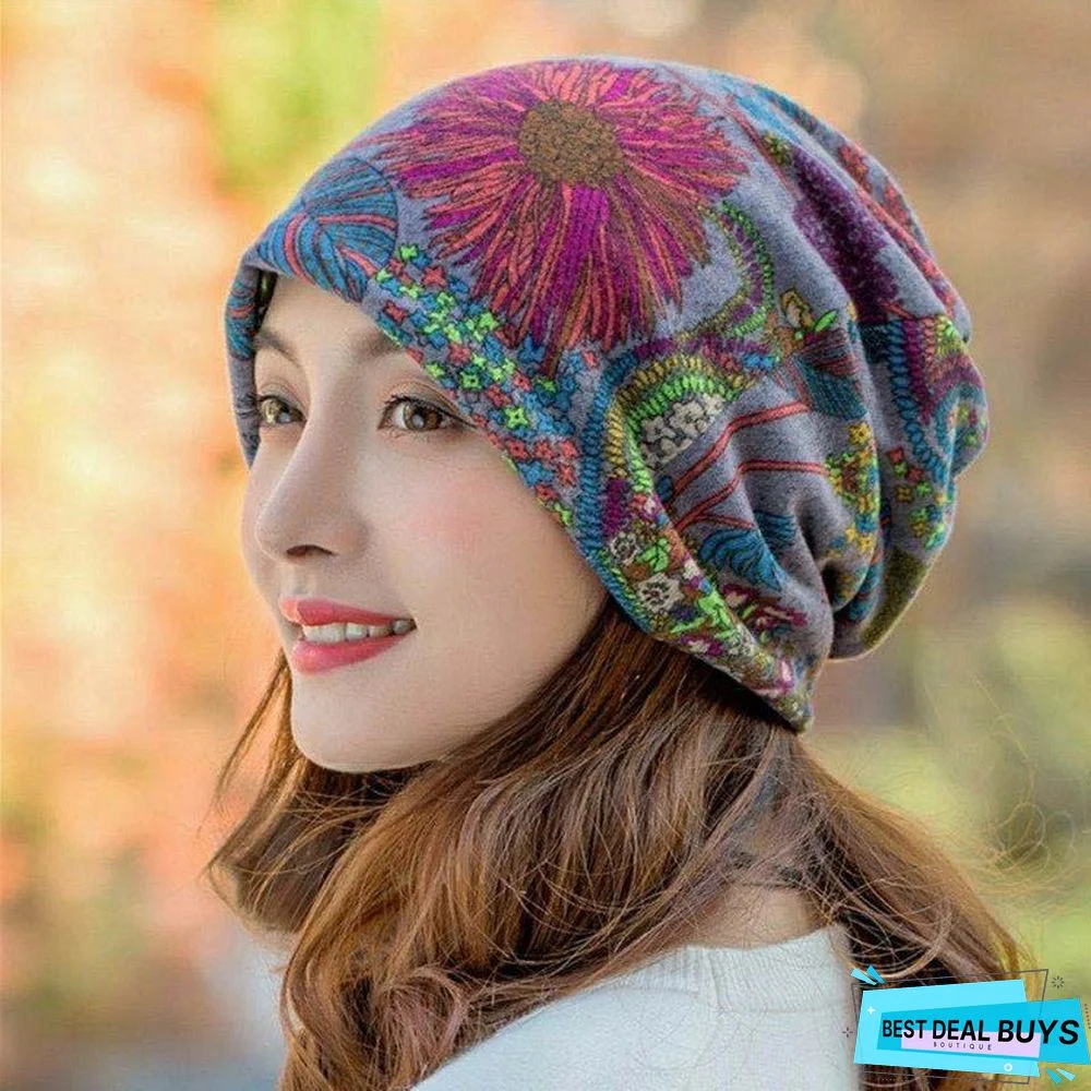 Vintage Multicolor Geometric Floral Printed Casual Knitted Hat