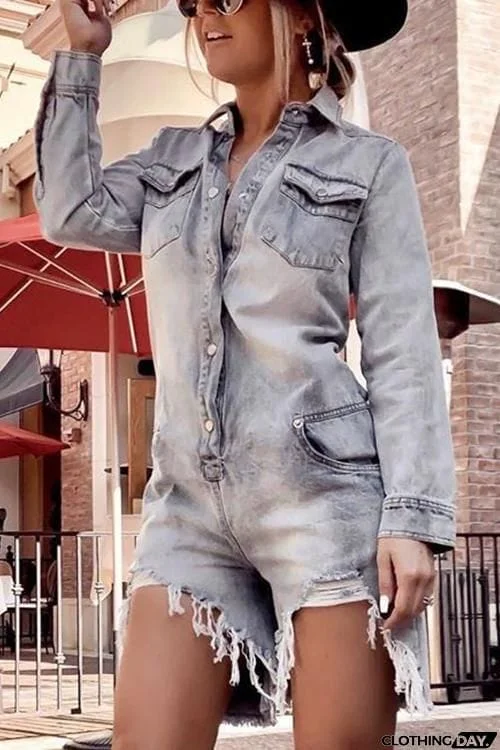 Tassels Button Turndown Collar Denim Romper