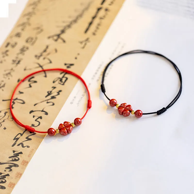 Four Leaf Clover Cinnabar Blessing Calm String Bracelet Anklet