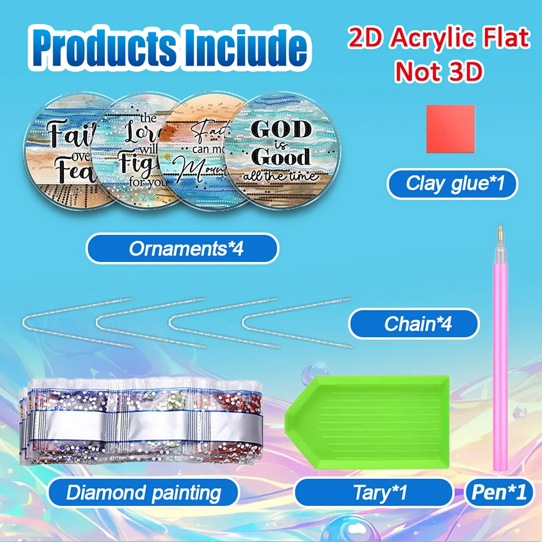 4pcs Beach Text DIY 2D Flat Acrylic Diamond Painting Kits Diamond Art Pendant