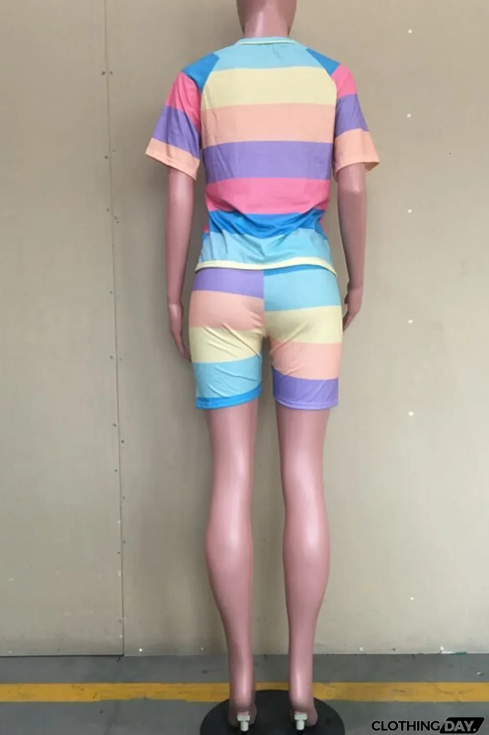 Colour Casual Striped Split Joint O Neck Short Sleeve Two Pieces