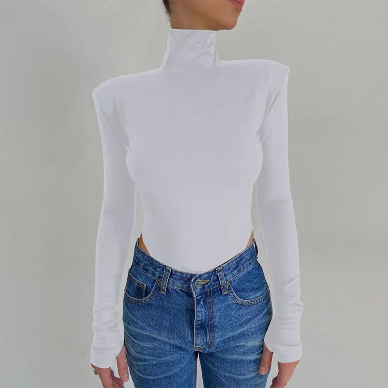 Hugcitar 2020 Long Sleeve Shoulder Padded Backless Sexy Bodysuit Autumn Winter Women Fashion High Neck Pure Romper Body