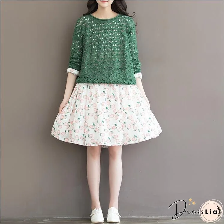 Sweet peach print cotton dress loose casual style traveling dresses