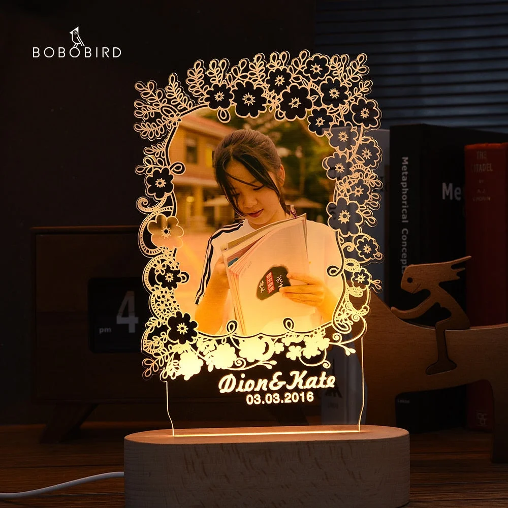 Customized Photo Frame USB Creative Wooden Base With Led Light Living Room Bedroom Decoration Custom Text Photo