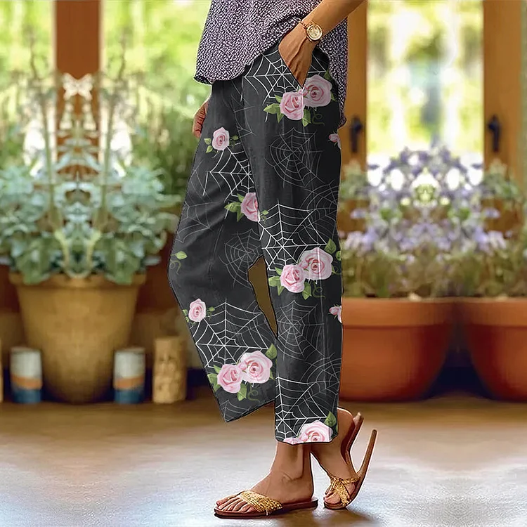 Women's Halloween Pink Spider Web Roses Flowers Print Casual Pants