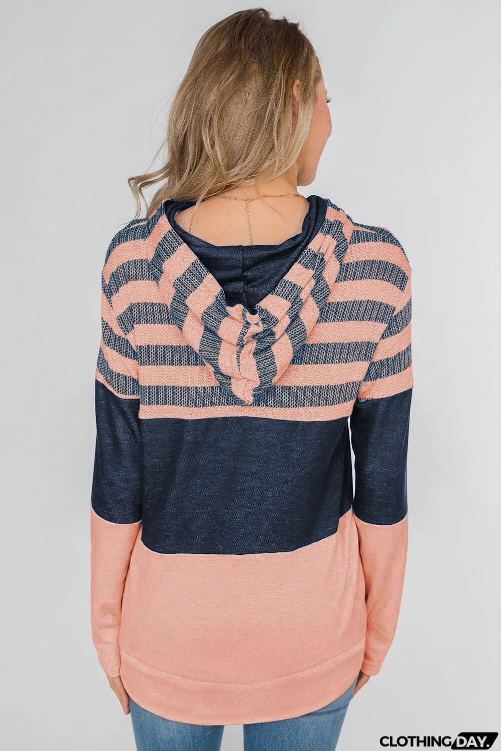 Striped Color Block Drawstring Zip Front Hoodie