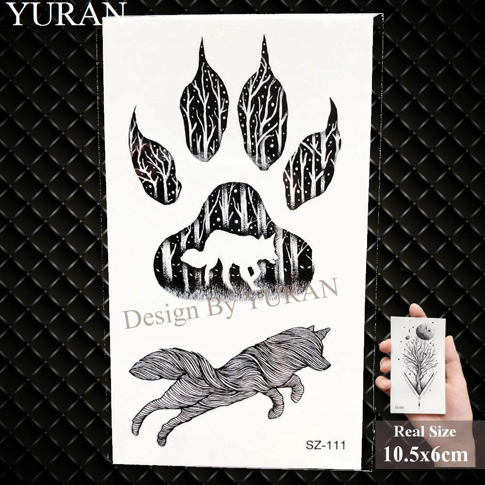 YURAN Black Mountain River Geometric Tattoo Stickers Women Body Arm Moon Temporary Tattoo Men Ankle Wolf Round Fake Tatoo 3D