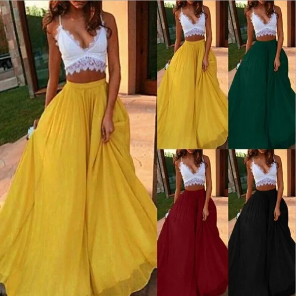Womens High Waist Summer Skirt Plus Size Elastic Big Swing Long Dress Fashion Loose Maxi