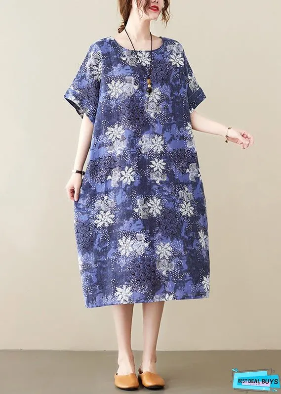 Unique Blue O-Neck Print Long Dresses Short Sleeve