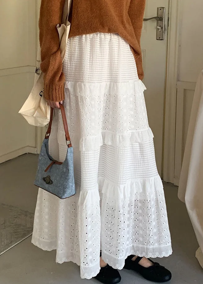 Women White Ruffled Hollow Out Cotton Skirts Summer