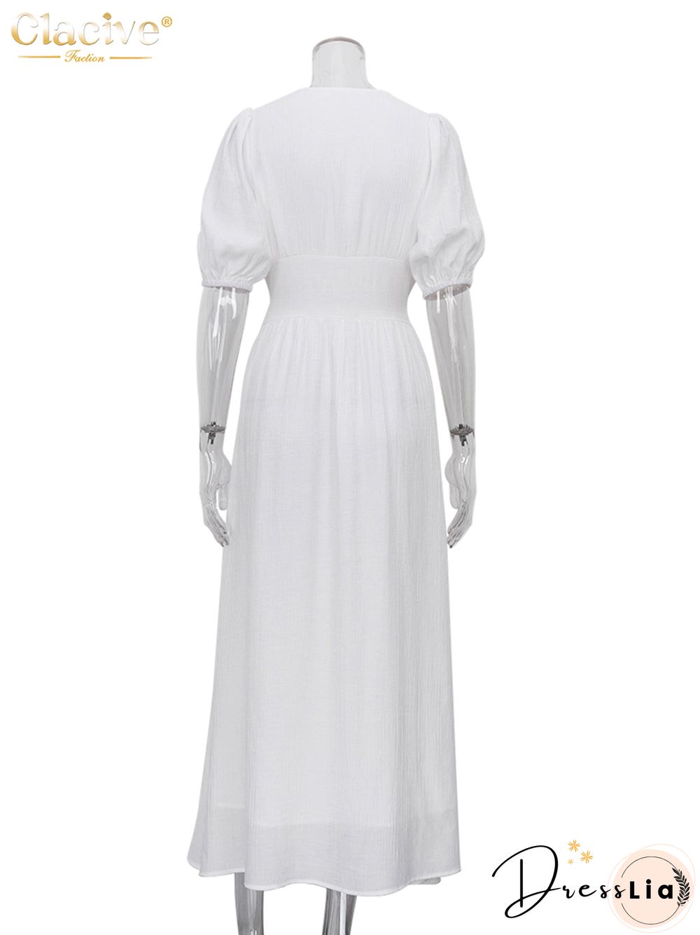 Clacive White Sexy Single-Breasted Women'S Dress Elegant Short Sleeve V-Neck Party Dresses Lady Casual Slim Midi Dress