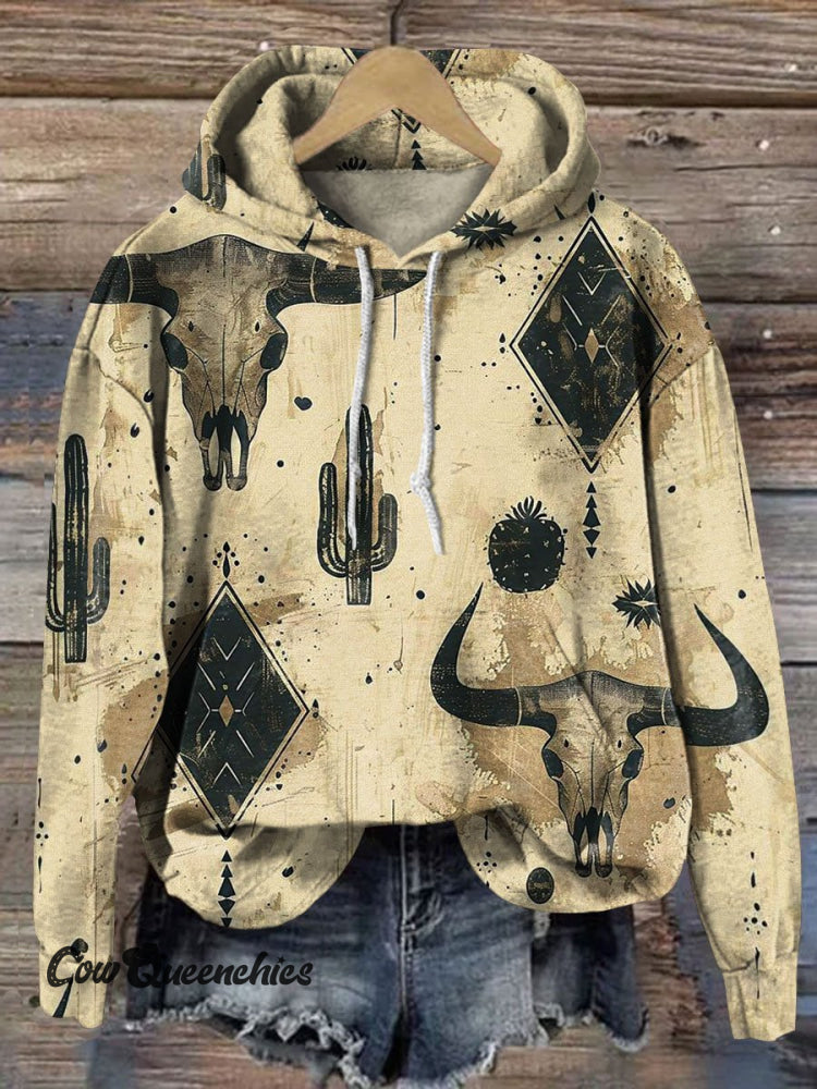 Western Cow Bone Art Print Long Sleeve Casual Sweatshirt Hoodie Multicolor / S