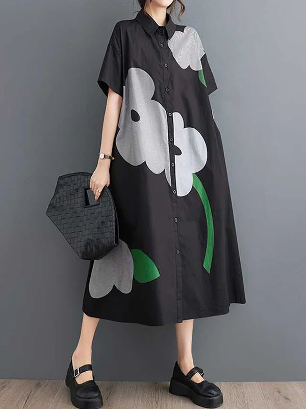 Loose Short Sleeves Buttoned Floral Printed Lapel Collar Midi Dresses