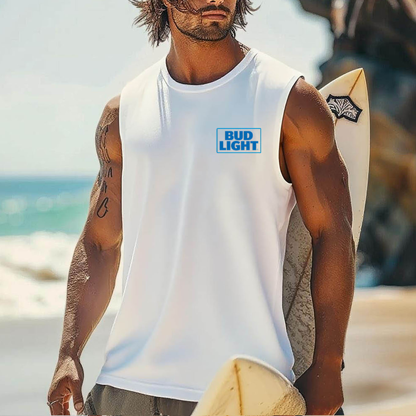 Men's Vintage Blue Logo Surfing Graphic Print Round Neck Sleeveless Muscle Tank Top / TECHWEAR CLUB / Techwear