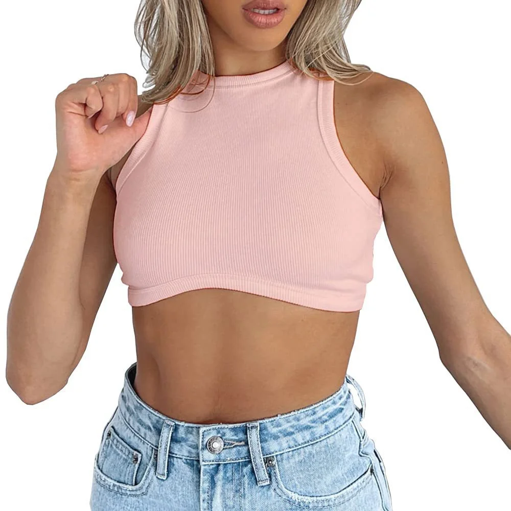 Uveng Uveng Women's New Women's Sexy Sleeveless Round Neck Rib Knit Vest Crop Top