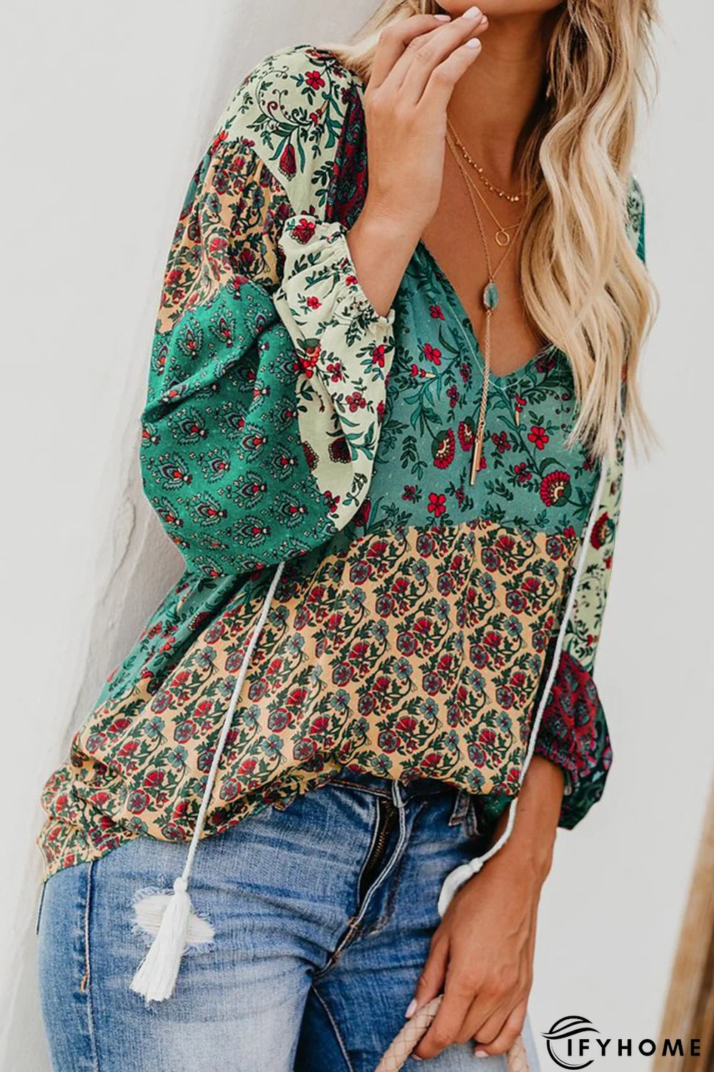 Green Floral Print Peasant Blouse | IFYHOME
